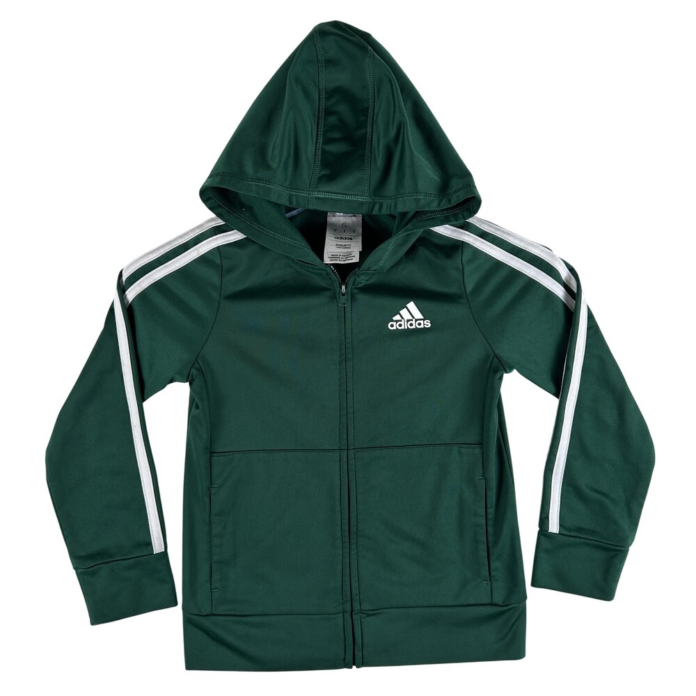 Adidas Track Jacket Kids 5 Green Hooded Full Zip 3-Stripes Athletic Gym Training